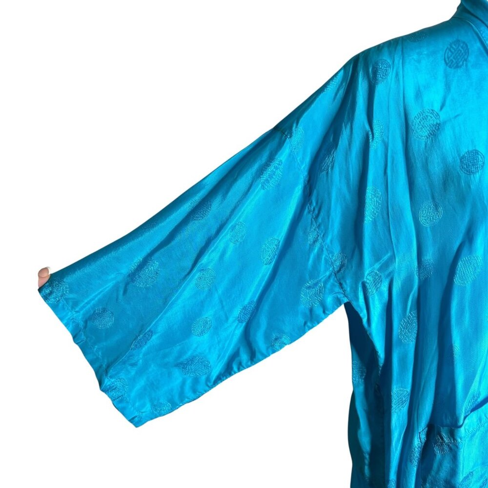 Vintage Kimono Hand Embroidered Medium Teal Blue Pockets Long Sleeve No Belt - Picture 3 of 8